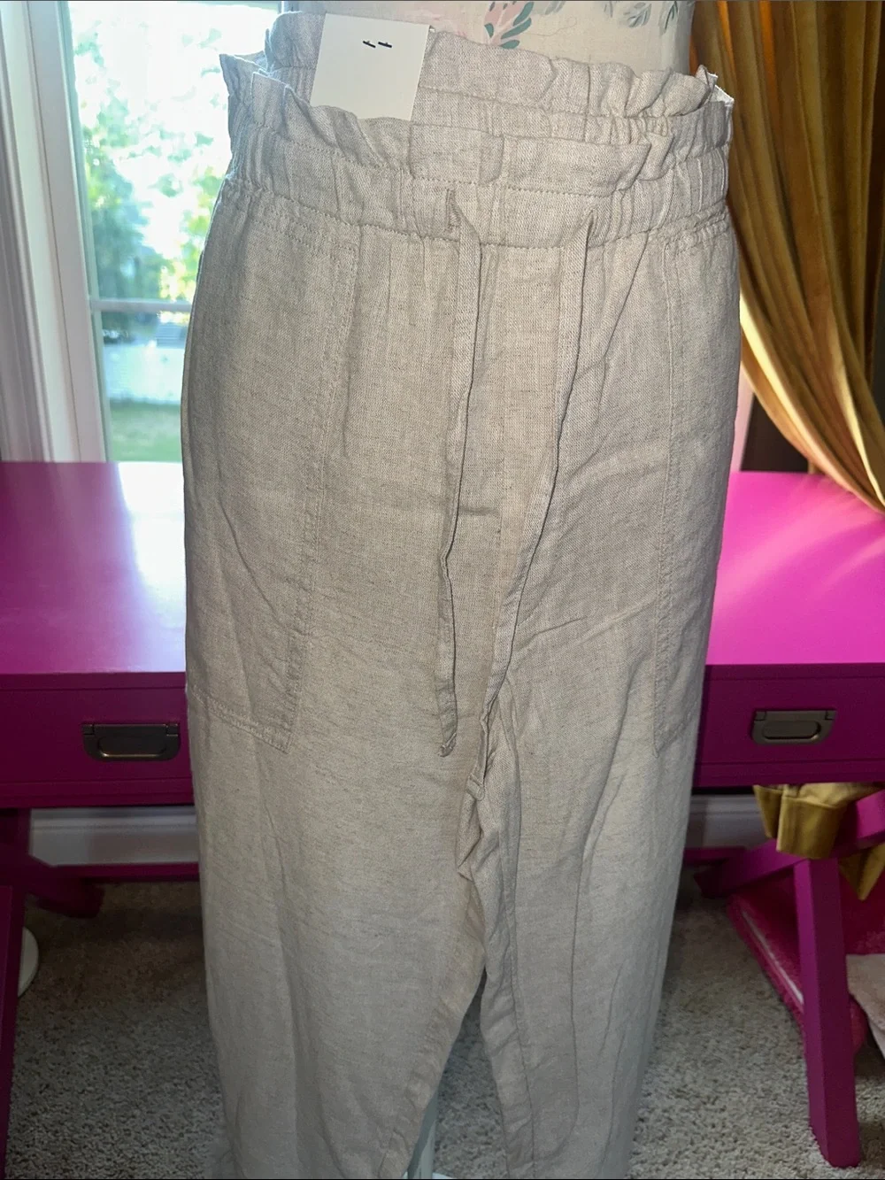 Banana Republic Beige Wide-Leg Linen-Blend Paperbag Waist Pants